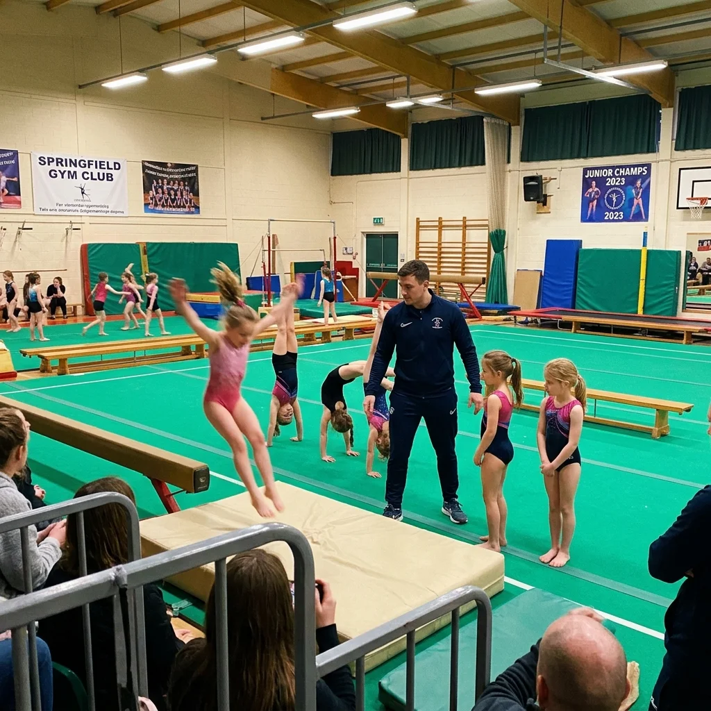 Children practicing gymnastics with coach supervising in a high-end local gym environment